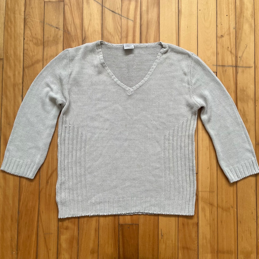 WOOLWORTHS V Neck Sweater Knit 3/4 Sleeve Light Beige Size M